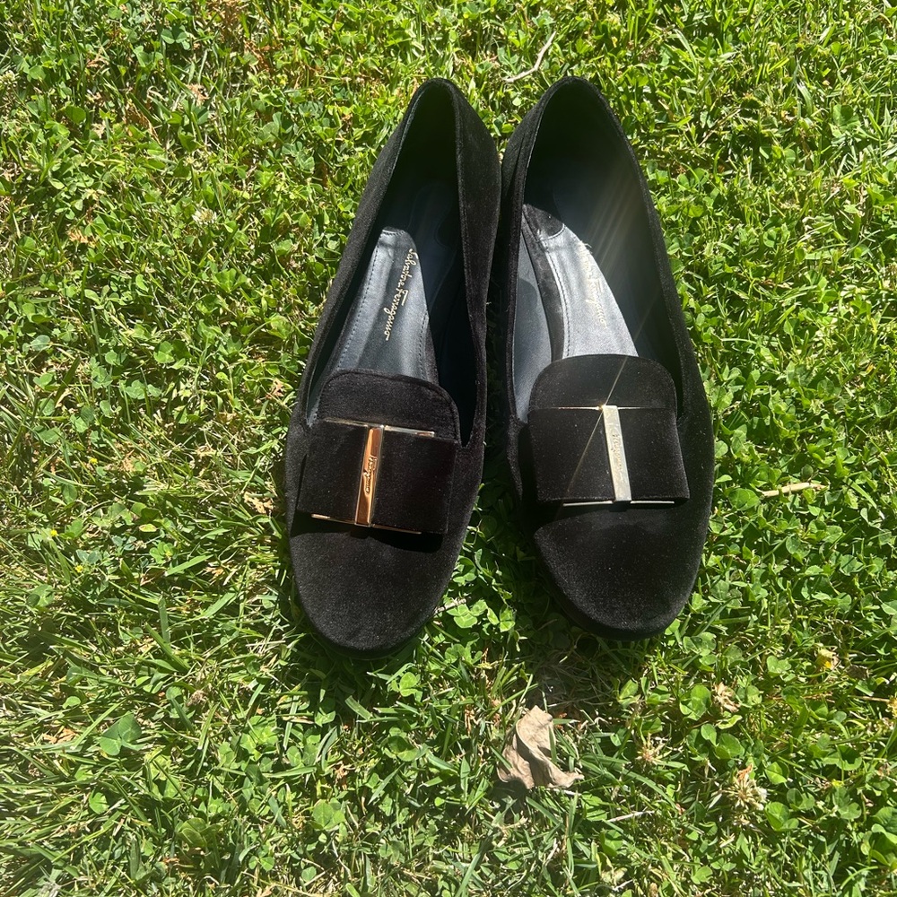 Salvatore Ferragamo Black and Gold Flats